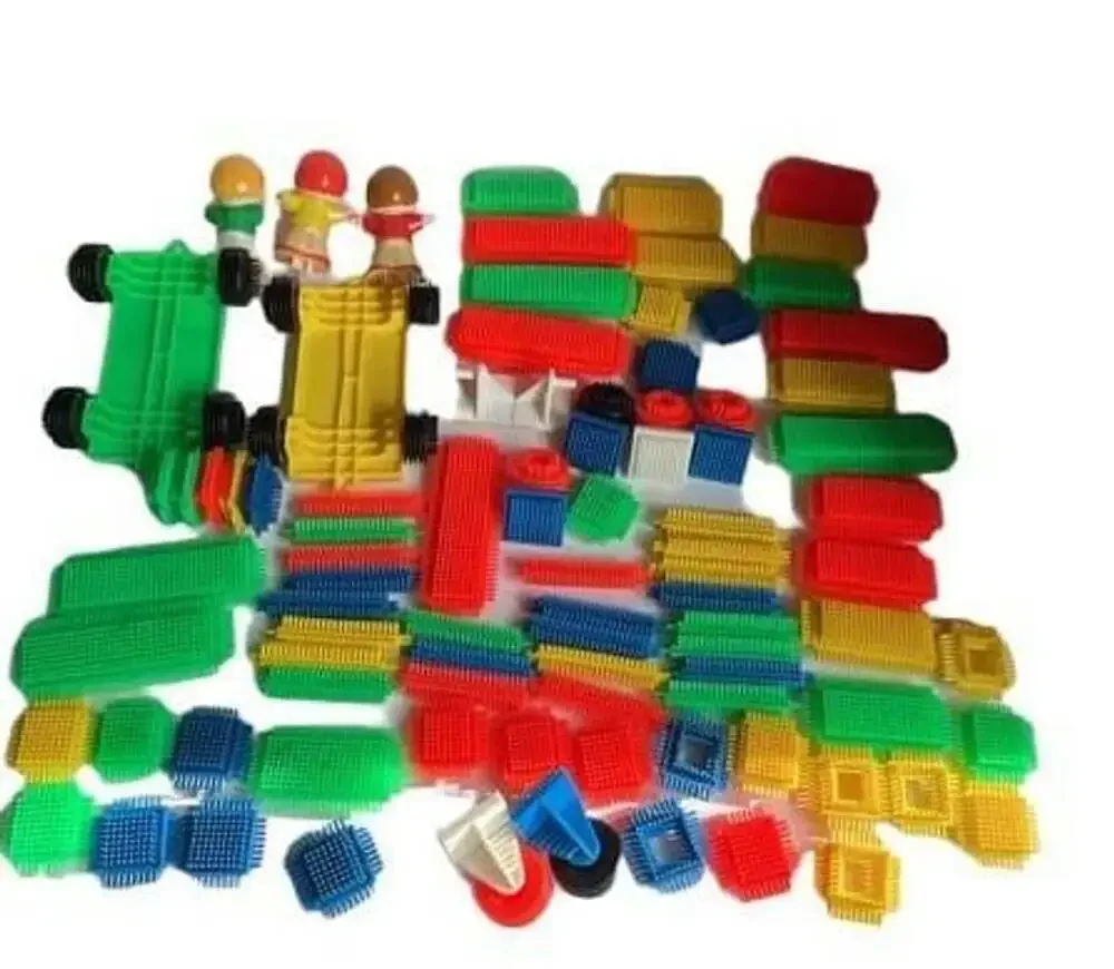 Vintage Playskool Bristle Blocks Building Toy Set with Figures and Vehicles